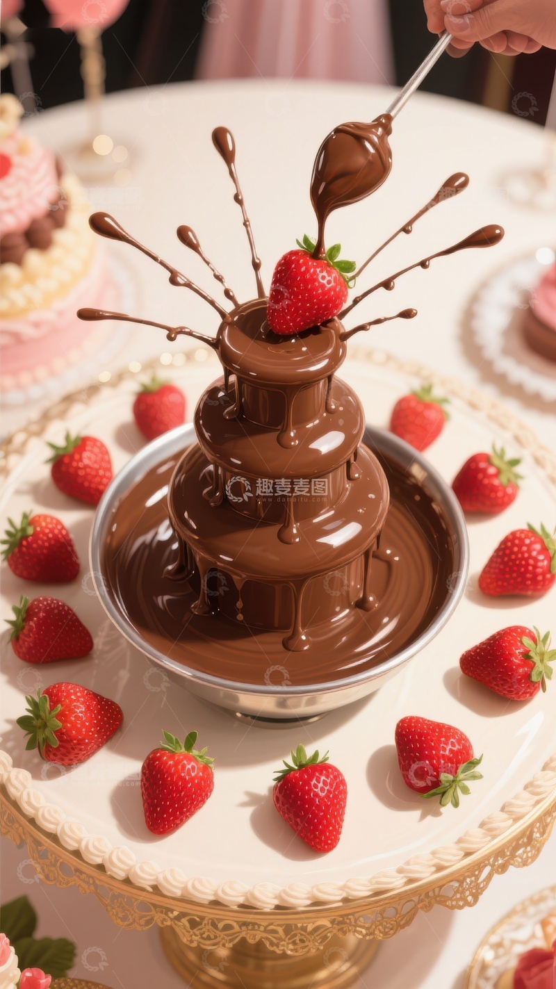 高清大图下载【趣麦麦图】巧克力喷泉与草莓的甜蜜邂逅