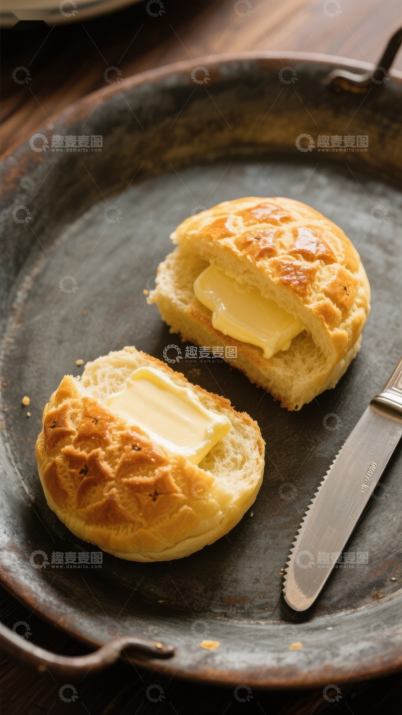 高清大图下载【趣麦麦图】烤面包配黄油，置于铁盘中