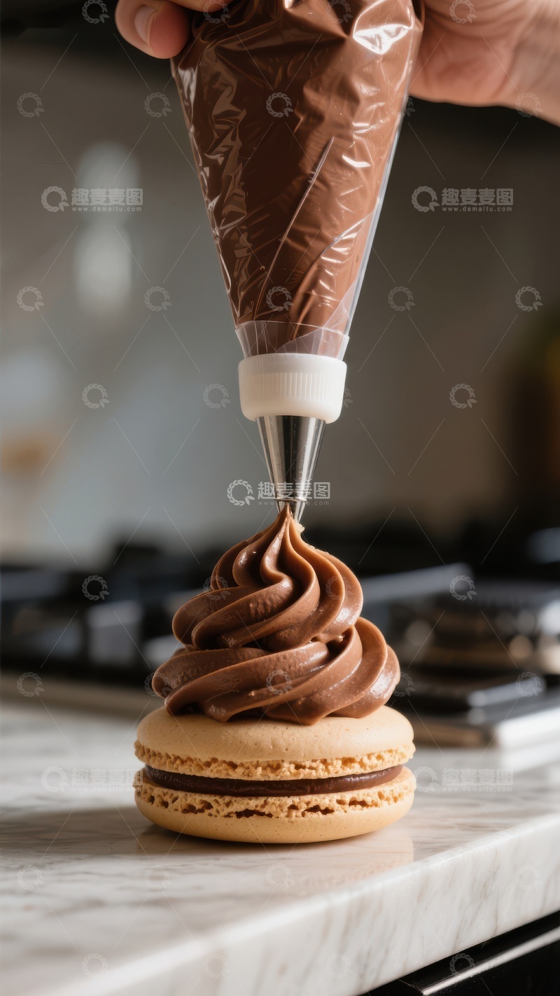 高清大图下载【趣麦麦图】巧克力奶油挤在马卡龙上