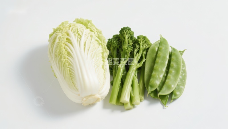 高清大图下载【趣麦麦图】新鲜蔬菜组合：白菜、西兰花和豌豆