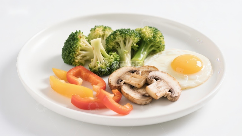高清大图下载【趣麦麦图】健康早餐：煎蛋、蘑菇、西兰花与彩椒
