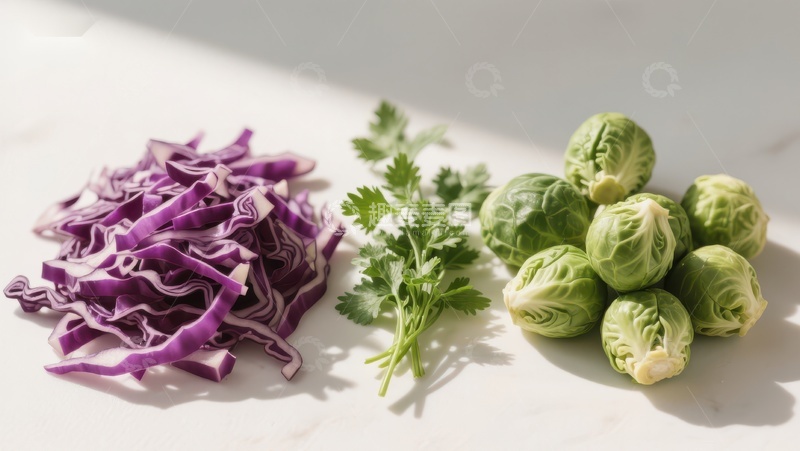 高清大图下载【趣麦麦图】新鲜蔬菜组合：紫甘蓝、西兰花和香菜