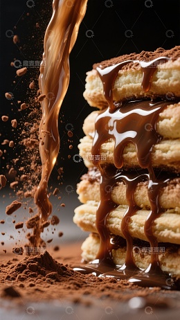 巧克力酱倾泻在饼干堆上