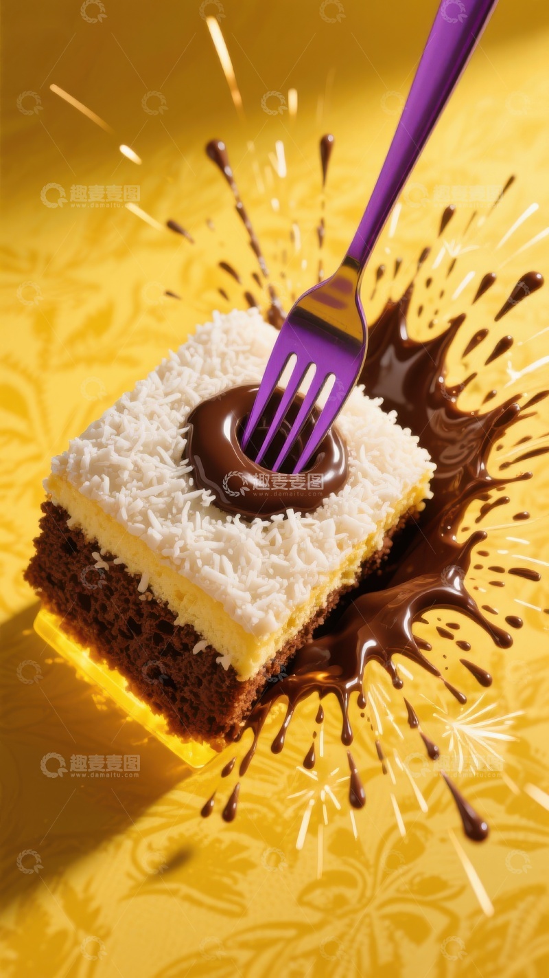 高清大图下载【趣麦麦图】巧克力椰蓉蛋糕与紫色叉子