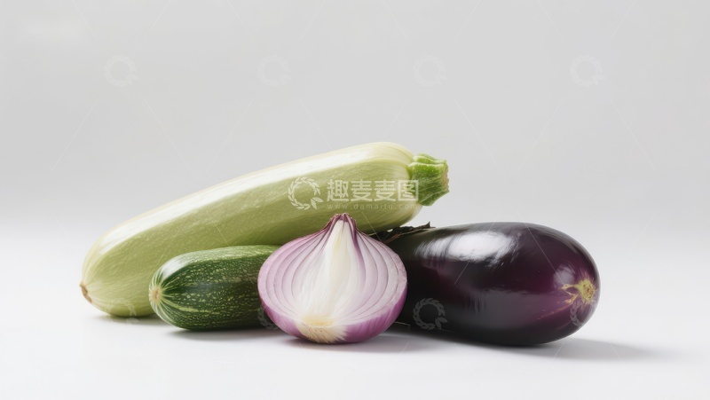 高清大图下载【趣麦麦图】新鲜蔬菜组合：西葫芦、茄子与洋葱