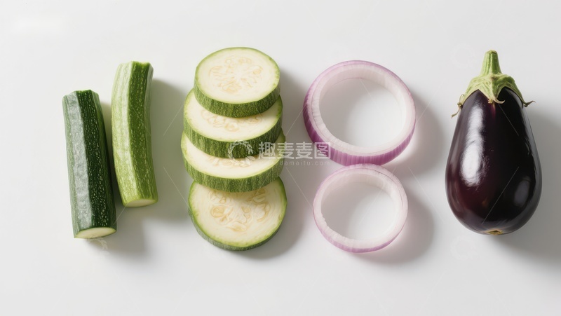 高清大图下载【趣麦麦图】切片蔬菜展示：西葫芦、洋葱与茄子