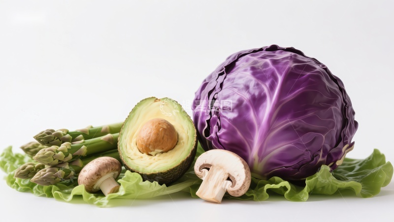 高清大图下载【趣麦麦图】新鲜蔬菜组合：紫甘蓝、牛油果、蘑菇和芦笋