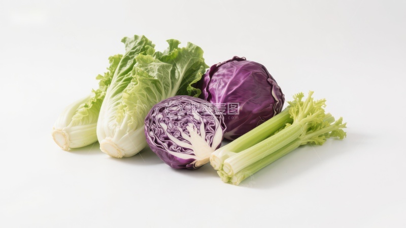 高清大图下载【趣麦麦图】新鲜蔬菜组合：生菜、紫甘蓝与芹菜