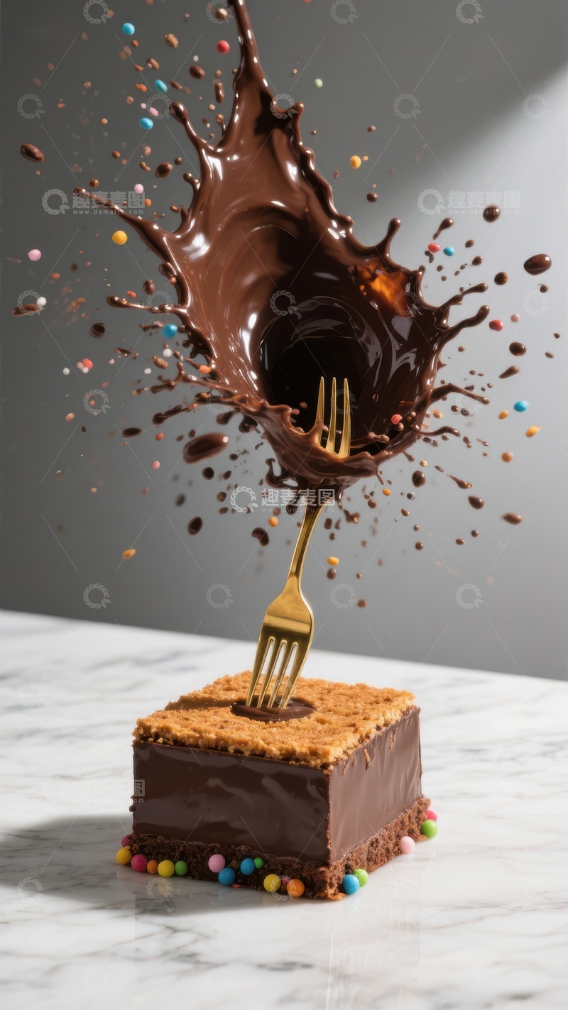 高清大图下载【趣麦麦图】巧克力蛋糕与叉子碰撞瞬间