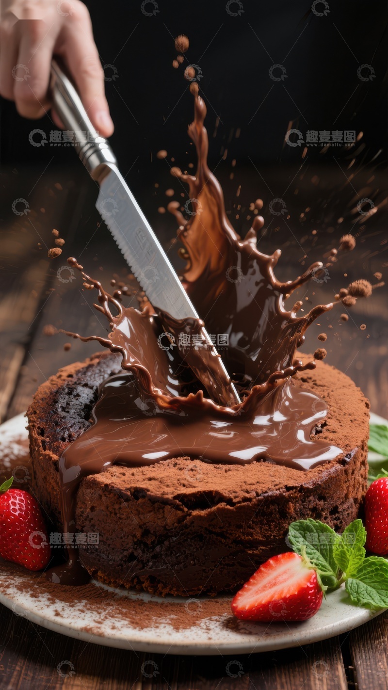高清大图下载【趣麦麦图】巧克力蛋糕切片瞬间，酱汁飞溅