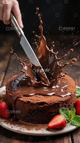 巧克力蛋糕切片瞬间，酱汁飞溅
