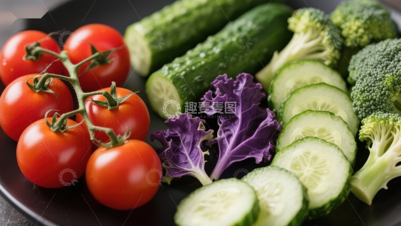 高清大图下载【趣麦麦图】新鲜蔬菜组合：番茄、黄瓜与西兰花