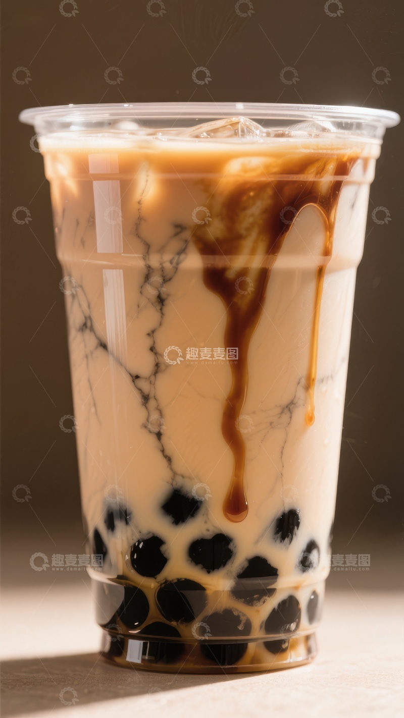 高清大图下载【趣麦麦图】珍珠奶茶特写，冰块与焦糖酱点缀