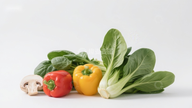 高清大图下载【趣麦麦图】新鲜蔬菜组合：彩椒、蘑菇与绿叶菜