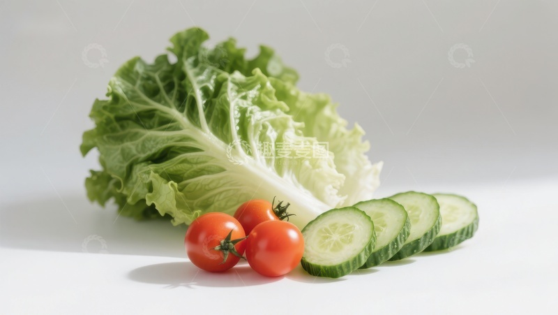 高清大图下载【趣麦麦图】新鲜蔬菜组合：生菜、樱桃番茄和黄瓜片
