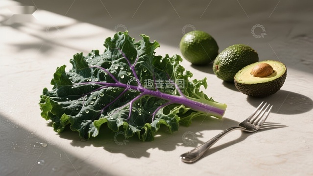 新鲜羽衣甘蓝与牛油果静物图
