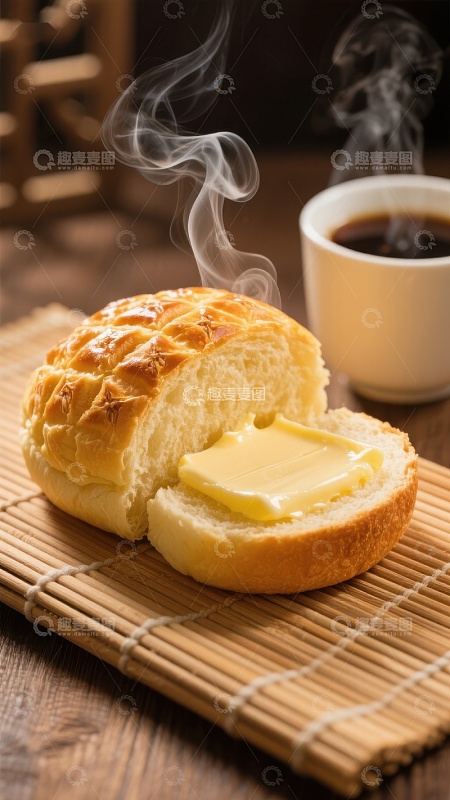 热腾面包配黄油与咖啡