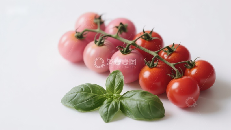 高清大图下载【趣麦麦图】新鲜樱桃番茄与罗勒叶