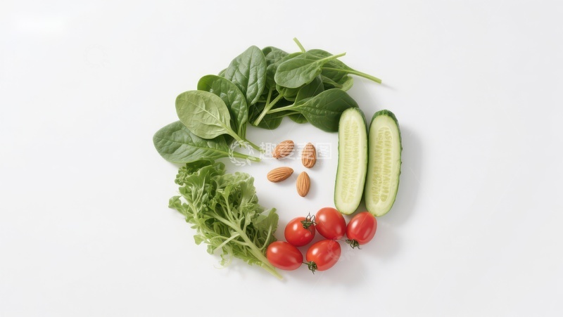 高清大图下载【趣麦麦图】新鲜蔬菜组合：菠菜、黄瓜、樱桃番茄