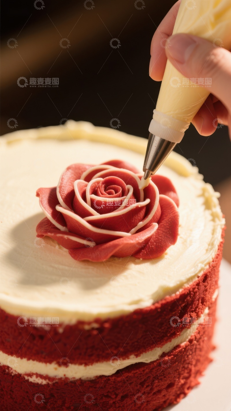 高清大图下载【趣麦麦图】奶油裱花点缀红色蛋糕