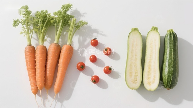 新鲜蔬菜排列：胡萝卜、樱桃番茄和西葫芦