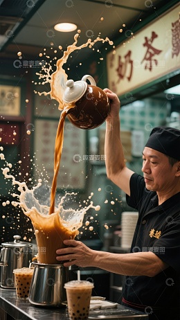 奶茶师傅倾倒茶汤，溅起诱人泡沫