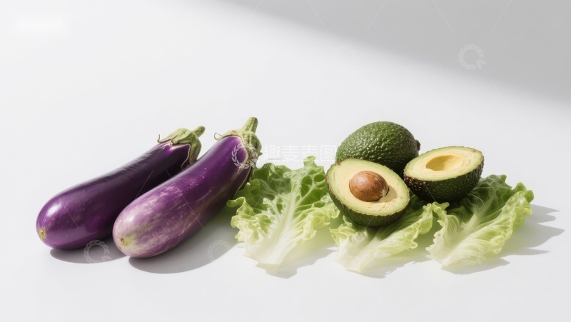 高清大图下载【趣麦麦图】紫色茄子与绿色牛油果的静物组合