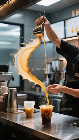 咖啡师倾倒饮品，制作创意饮品