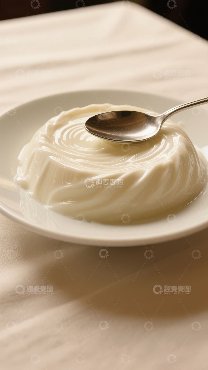高清大图下载【趣麦麦图】酸奶表面的细腻纹理与勺子