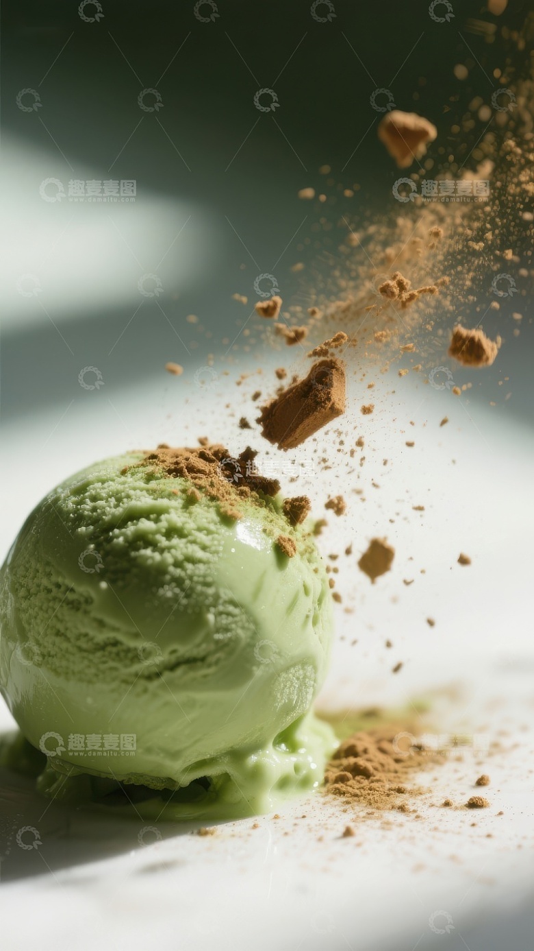 抹茶冰淇淋与巧克力碎碰撞瞬间