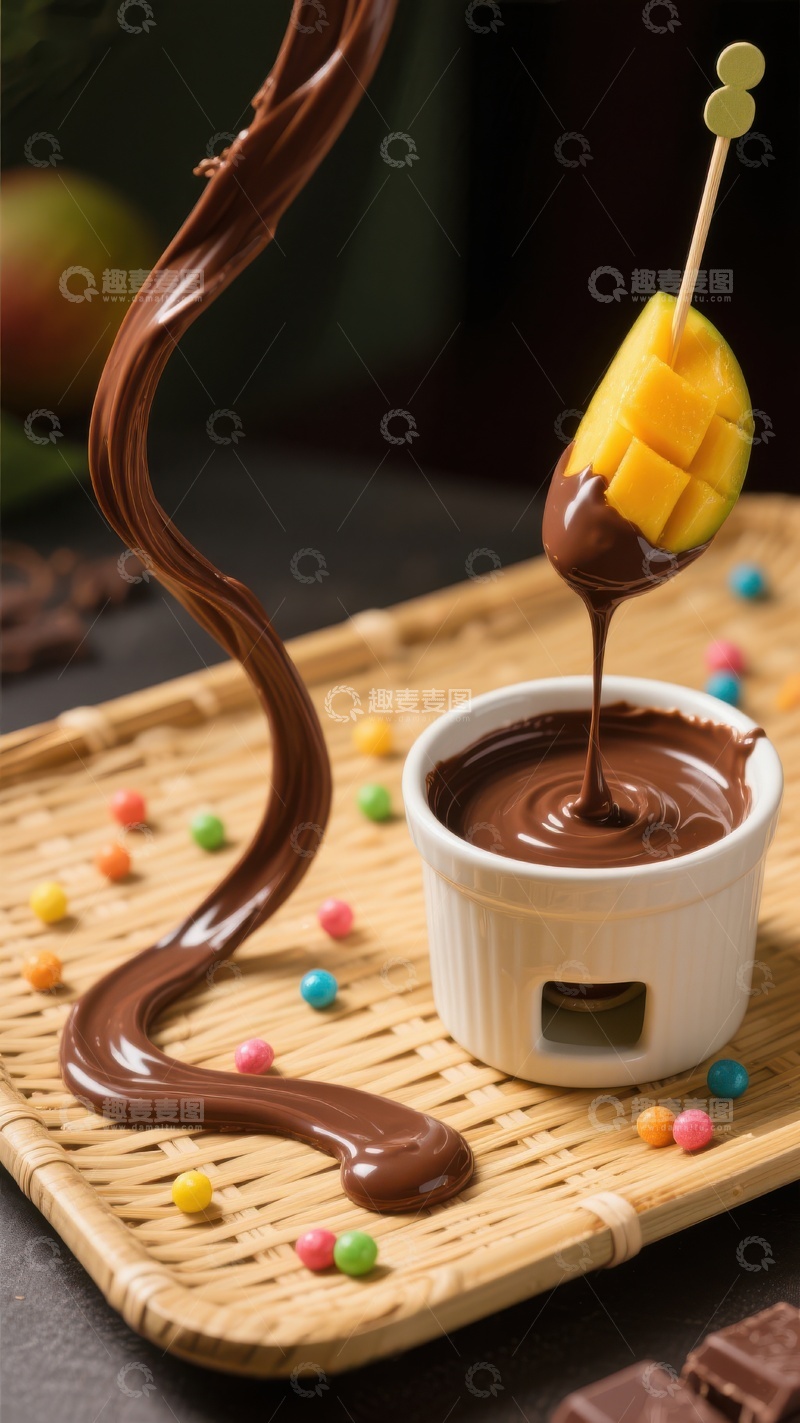 高清大图下载【趣麦麦图】芒果蘸巧克力酱，甜蜜流淌