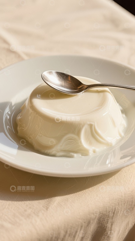 白色甜品配银勺，置于浅盘中