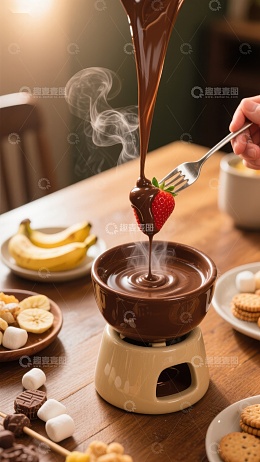 巧克力喷泉与草莓蘸取