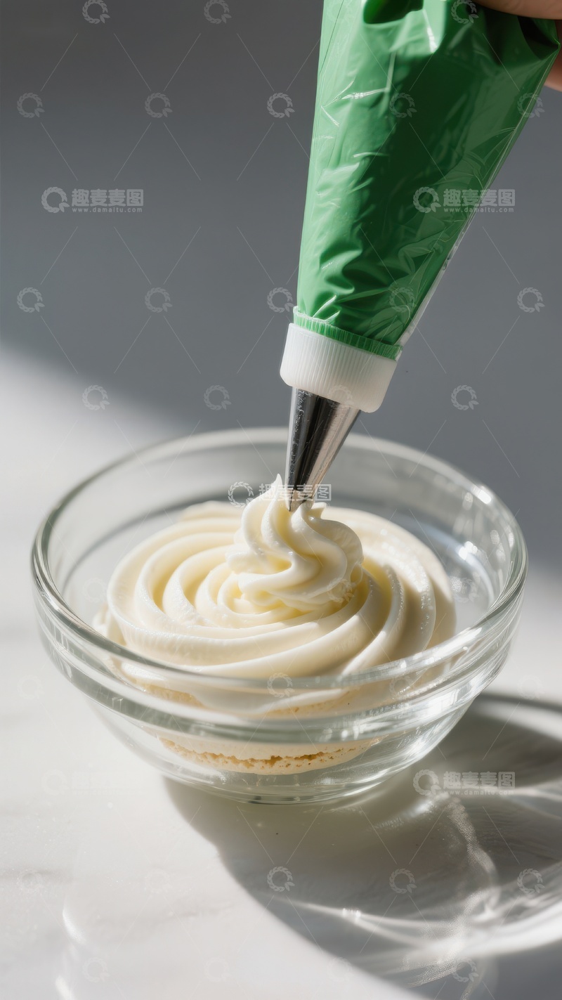 高清大图下载【趣麦麦图】奶油挤入玻璃碗的特写