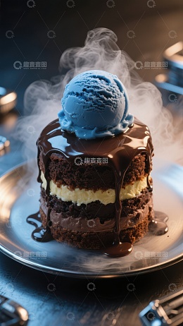 巧克力蛋糕配蓝色冰淇淋，烟雾缭绕