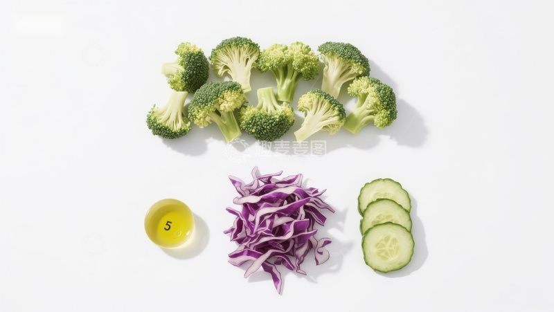 高清大图下载【趣麦麦图】新鲜蔬菜组合：西兰花、紫甘蓝和黄瓜片