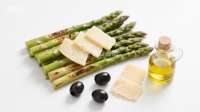 高清大图下载【趣麦麦图】烤芦笋配橄榄油、黑橄榄和奶酪