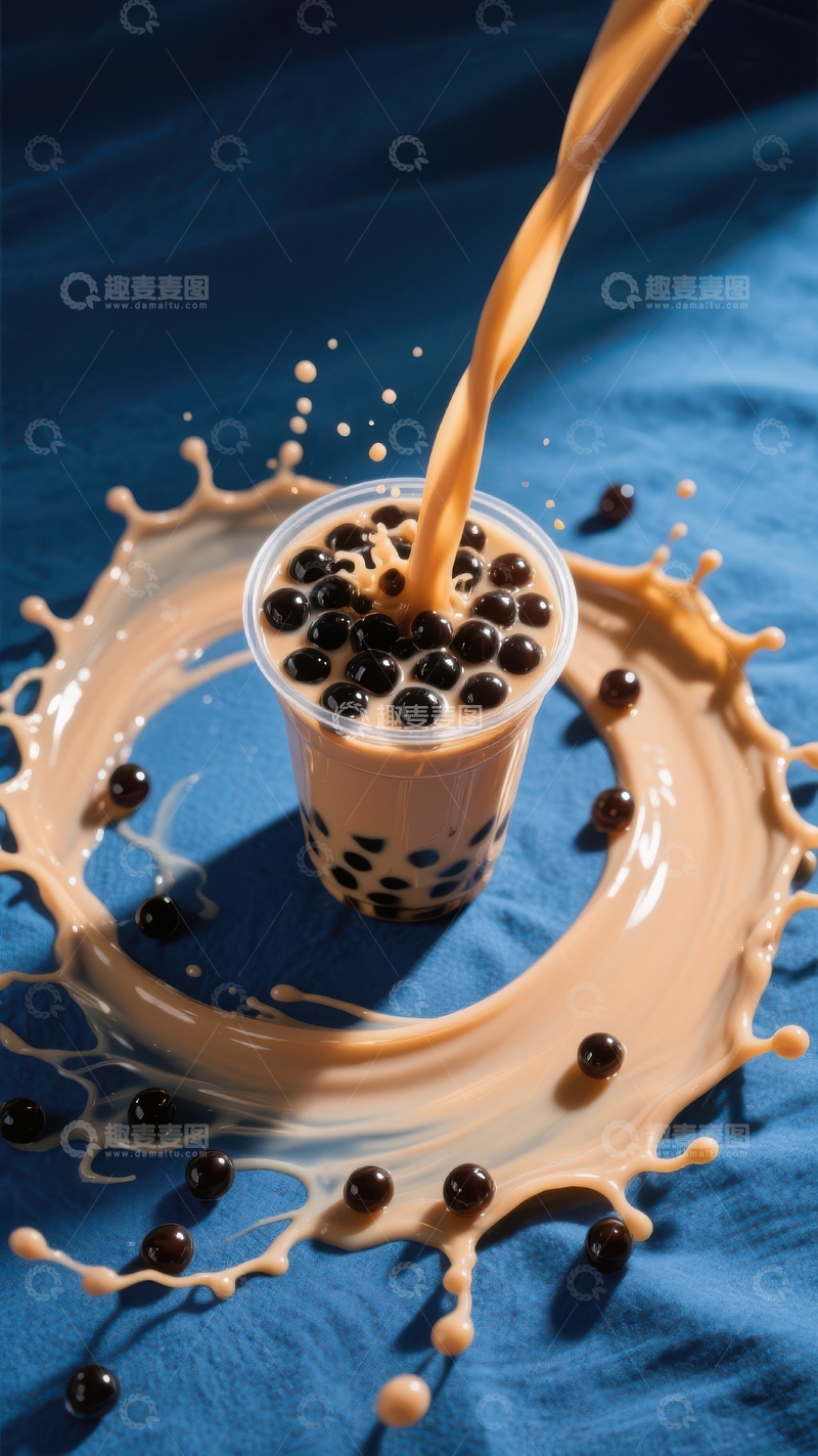 高清大图下载【趣麦麦图】奶茶倾泻入杯，珍珠四溅