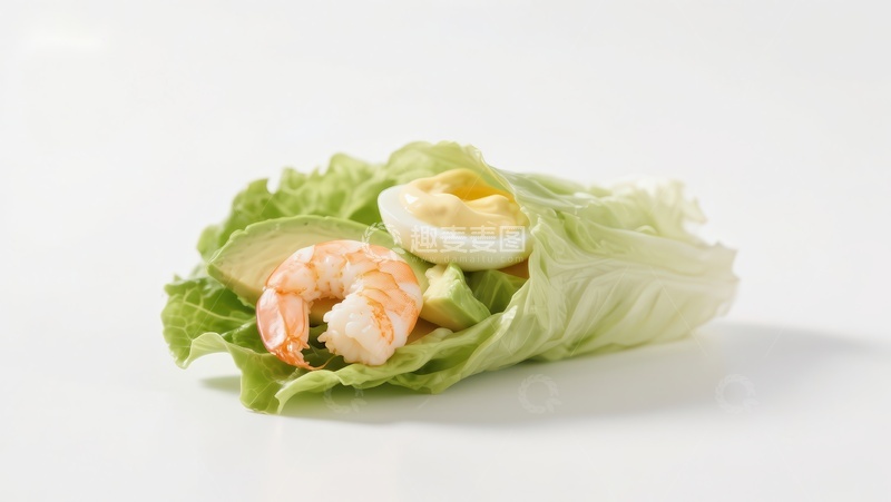 高清大图下载【趣麦麦图】生菜包裹虾仁与鸡蛋的健康小吃