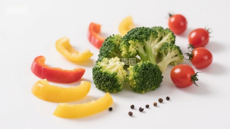 高清大图下载【趣麦麦图】新鲜蔬菜组合：西兰花、彩椒与樱桃番茄