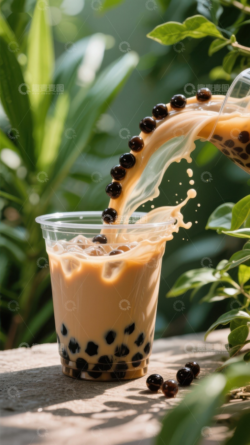 高清大图下载【趣麦麦图】奶茶倾注，珍珠飞溅的瞬间