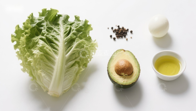 高清大图下载【趣麦麦图】新鲜食材：生菜、牛油果、橄榄油与鸡蛋