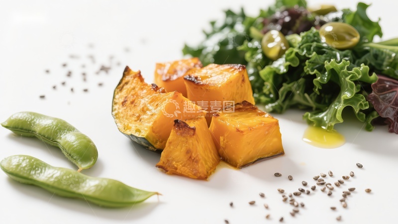 高清大图下载【趣麦麦图】烤南瓜配生菜和豌豆荚