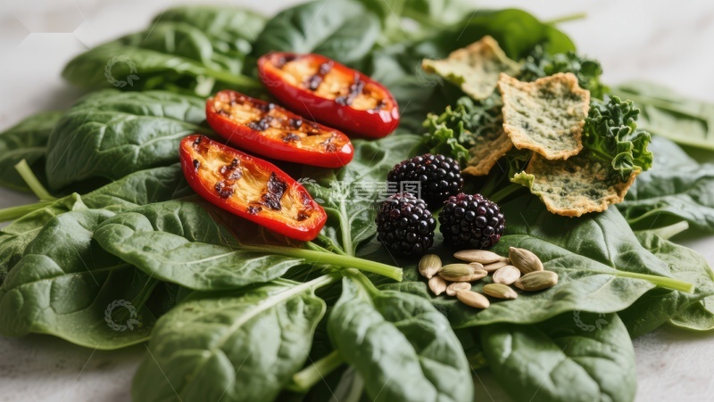 高清大图下载【趣麦麦图】新鲜绿叶上的烤红椒与黑莓