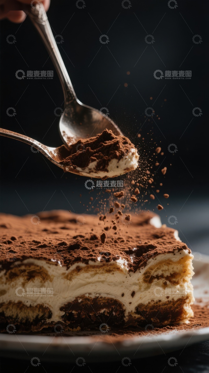 高清大图下载【趣麦麦图】提拉米苏切块，撒上可可粉