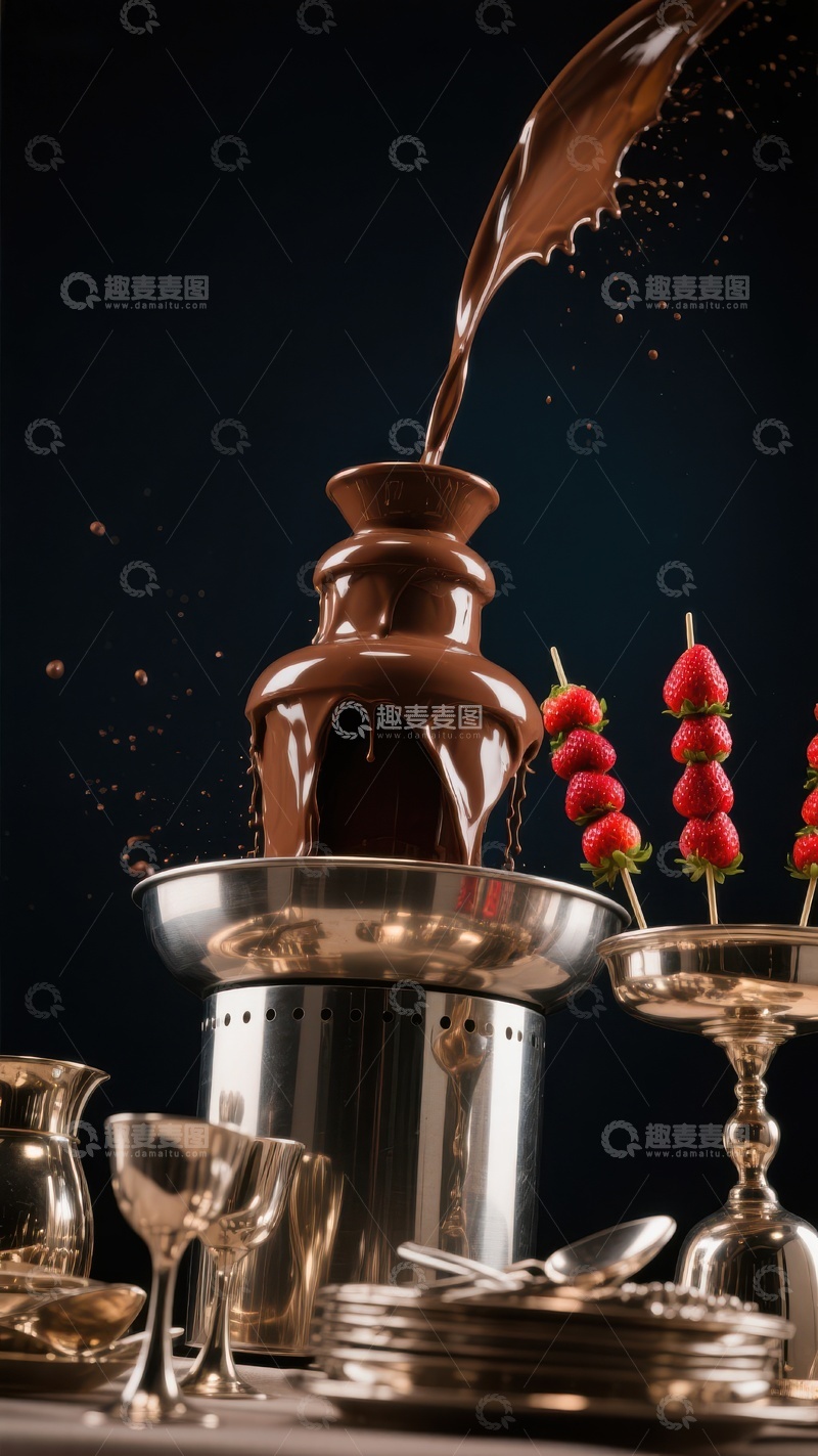 高清大图下载【趣麦麦图】巧克力喷泉与草莓串