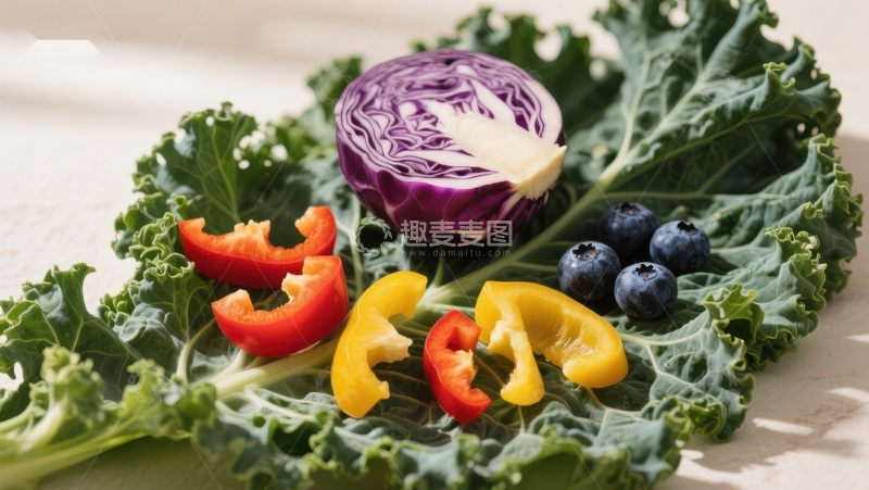 高清大图下载【趣麦麦图】新鲜蔬菜组合：紫甘蓝、彩椒与蓝莓