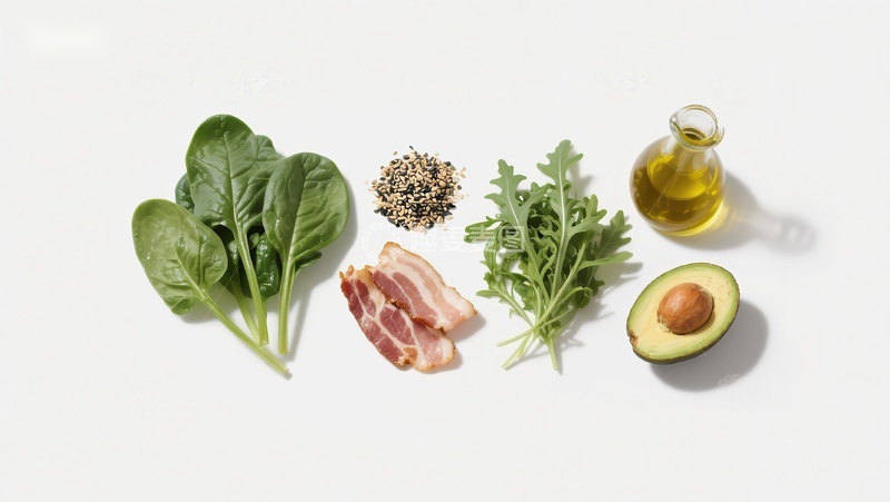 高清大图下载【趣麦麦图】新鲜食材：绿叶蔬菜、培根、橄榄油与牛油果