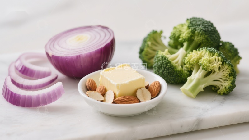 高清大图下载【趣麦麦图】新鲜食材：洋葱、西兰花与黄油坚果组合