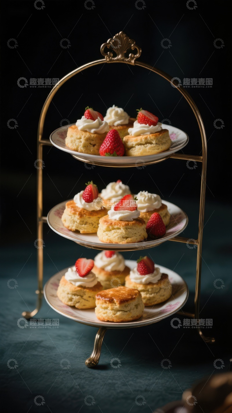高清大图下载【趣麦麦图】三层架上的草莓奶油松饼